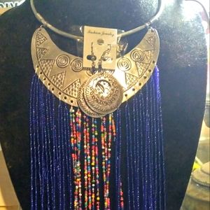 Blue Maasai Fringe Choker & Earrings